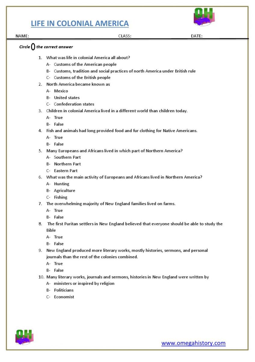 colonial-times-worksheets